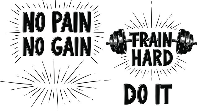 Fitness motivation quote with dumbbells and sunbursts no pain no gain