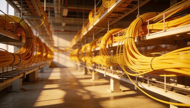 Highlighting coiled yellow orange cables secured with black cable ties on metal trays in facility