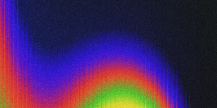 Dark textured abstract backdrop featuring vertical grooved streaks, soft curved rainbow neon gradient with grain film noise texture. Vibrant red, purple, blue, green, yellow color wave design.