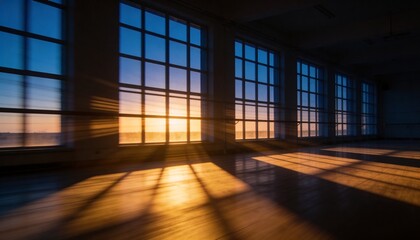 Naklejka premium Streaming sunlight, centered paned windows casting shafts across wood floor in loft with columns