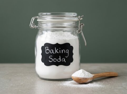 Glass jar of baking soda with wooden scoop, essential kitchen ingredient for recipes and household use.