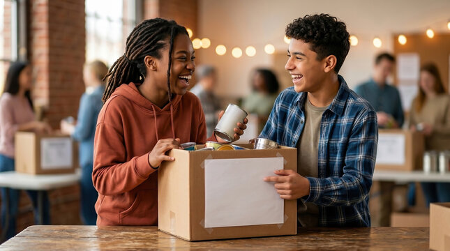 Teen volunteers sorting donated food boxes at a shelter. image represents community support, charity work and youth service