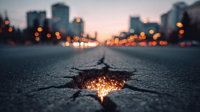 cracked asphalt road with city lights in the background at dusk