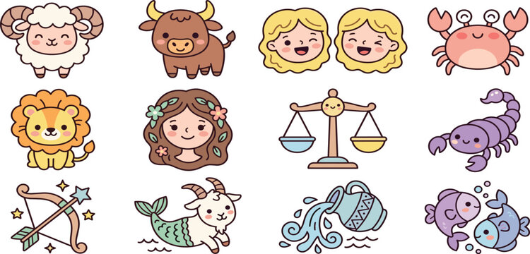 Cute zodiac signs vector sticker sheet featuring kawaii cartoon horoscope icons of aries taurus gemini cancer leo virgo libra scorpio sagittarius capricorn aquarius pisces