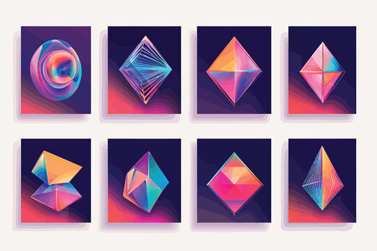 Abstract Geometric Crystal Forms With Neon Glow And Reflections Vector Illustration.