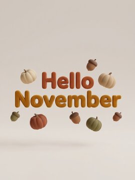3d text hello november with floating pumpkins and acorns on beige background. autumn season greeting card and thanksgiving holiday concept. festive fall decoration. poster with copyspace.