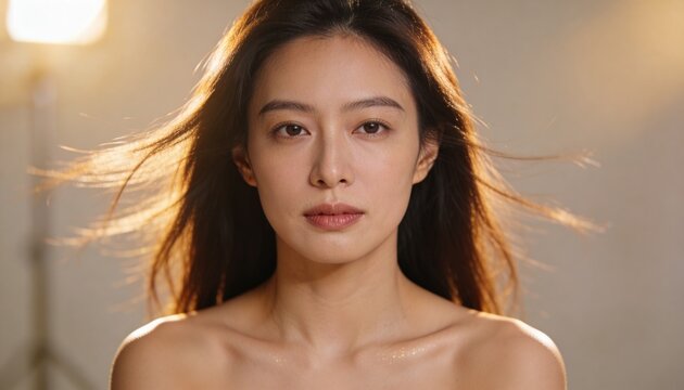 Facing camera, model with bare shoulders, long dark hair blowing in studio, key light shimmer