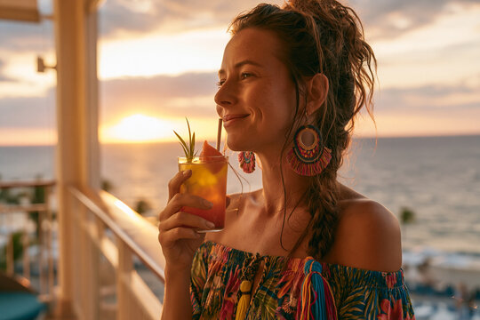 Enjoying a vibrant sunset with a refreshing cocktail on a tropical balcony