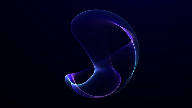 Abstract blue and violet neural flow shape with luminous mesh ribbons on a dark background, designed for AI visualization, innovation, science and futuristic technology.