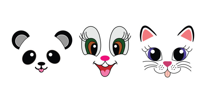 Cute animal face vector set, cartoon panda rabbit and cat characters, adorable pet facial expressions for kids design and stickers