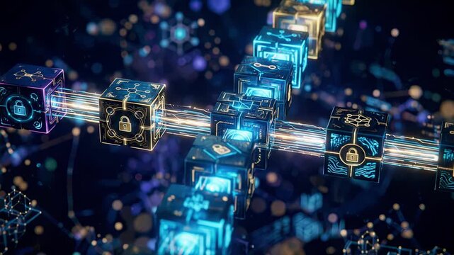Medium shot showcasing a stylized blockchain ledger interface with sharp focus on interconnected digital blocks blurred background emphasizing secure investment data.