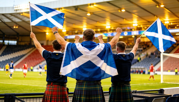 Cheering three men wearing navy shirts, tartan kilts at stadium, waving Saltire flags near railing