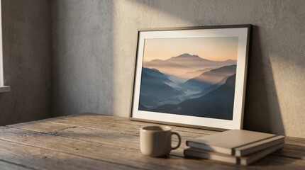 Fototapeta premium Framed landscape wall art on wooden table with coffee cup landscape interior