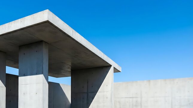 Modern concrete architectural structure with geometric design against clear blue sky, suitable for construction, real estate, and contemporary design projects.