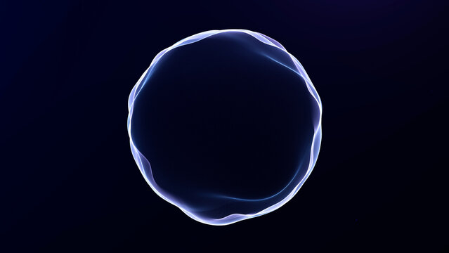 Minimal white and blue quantum ring with soft flowing waves on a dark background, created for machine learning, science, data systems and futuristic presentation design.