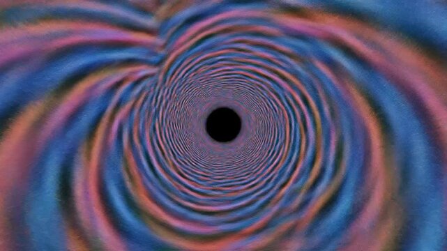 A trippy spiraling psychedelic tunnel with analog grain, distortion, and vibrant wavy patterns.