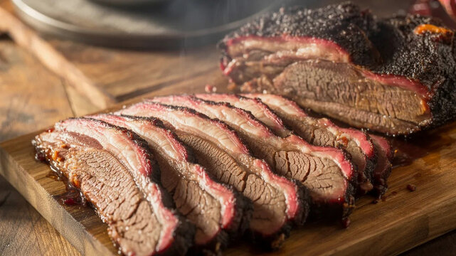 Grilled pork chops sliced and arranged on a rustic wooden board
