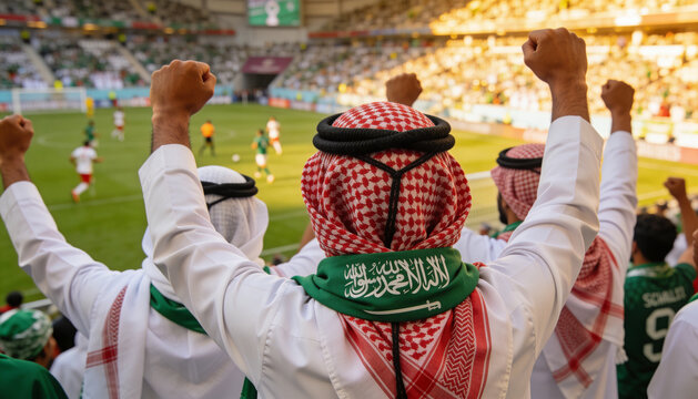 Cheering man wearing checked shemagh and green Arabic scarf raising arms in football stadium