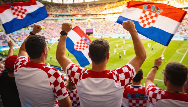 Cheering men raising Croatian flags while wearing red-and-white checkered jerseys in stadium stands