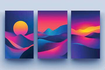 Fototapeta premium Vibrant Abstract Landscape Triptych With Sunset And Mountains Vector Illustration.