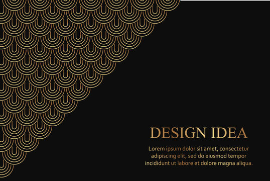 Modern geometric luxury black background for business or greeting card with golden arches in art deco style.