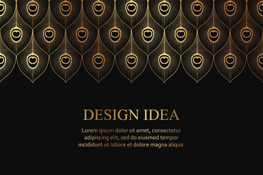 Modern geometric luxury black background for business or greeting card with golden peacock feathers.