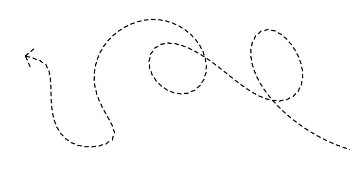 Abstract dotted line path indicating a winding trajectory with an arrow pointing left, symbolizing direction and movement