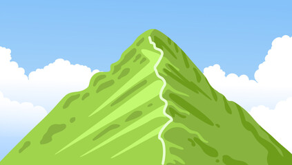 Fototapeta premium A winding path leading to the top of a green hill. Mountain peak. Scenic view with blue sky and white clouds. Vector cartoon illustration.