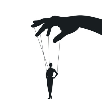 Manipulator concept vector illustration. Puppet master hands manipulate man mind, silhouette. Mental control ropes. Domination exploitation background.