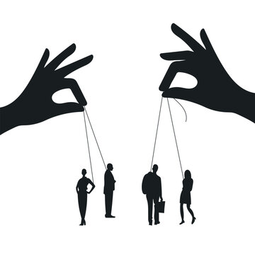 Manipulator concept vector illustration. Puppet master hands manipulate man mind, silhouette. Mental control ropes. Domination exploitation background.