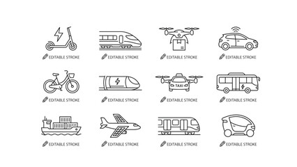 Modern Transportation Line Art Vector Set – Smart Vehicles, High-Speed Rail and Urban Mobility Icons © KHA