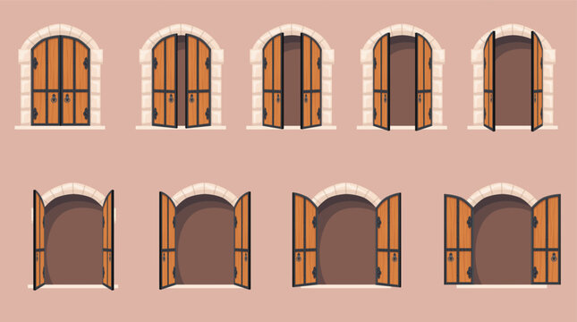 Castle door animation. Open medieval gate sequence, old double wooden doors closed fantasy game dungeon iron metal wood ancient entrance stone arch cartoon neat vector illustration