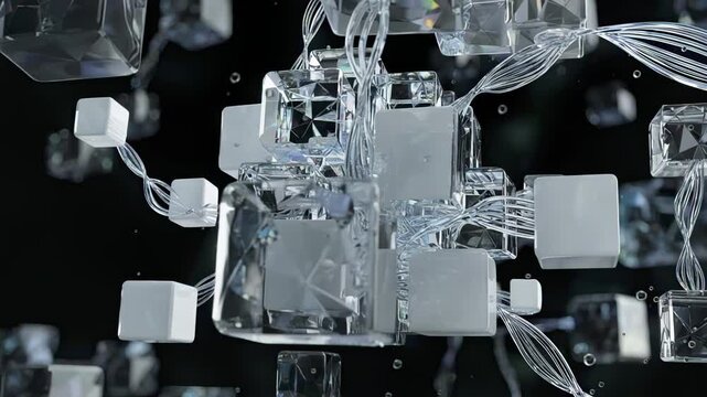 Medium shot showcasing a stylized blockchain ledger interface with sharp focus on interconnected digital blocks blurred background emphasizing secure investment data.