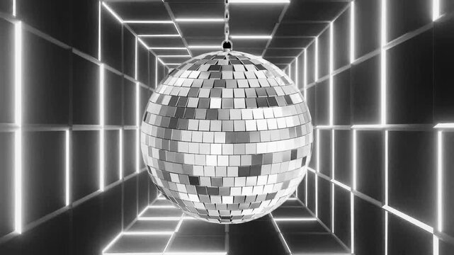 Black and White Glowing Disco Ball in Neon Tunnel Futuristic Nightclub Background Loop