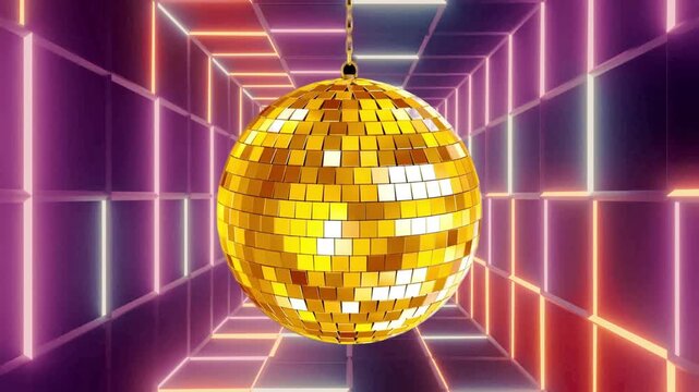 Gold Glowing Disco Ball in Neon Tunnel Futuristic Nightclub Background Loop
