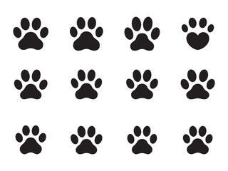 Fototapeta premium Paw prints arranged in a grid pattern feature eleven standard animal tracks and one singular heart shaped icon on a clean white background.