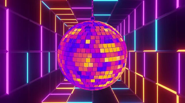 Purple Glowing Disco Ball in Neon Tunnel Futuristic Nightclub Background Loop