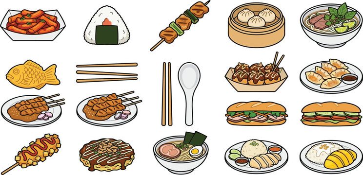 Asian street food vector sticker set featuring cartoon illustrations of sushi onigiri dim sum pho ramen gyoza takoyaki banh mi and chicken rice