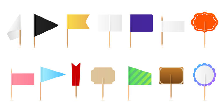 Toothpick flags. Realistic paper flag mockup, small white triangle pennant wood pick food cake little empty 3d mini banner pole cocktail skewer topper set exact vector illustration