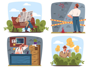 Naklejka premium Detective investigation work. Inspector crime investigating, investigator spy search murder evidence suspect criminal surveillance cartoon scenes set classy vector illustration