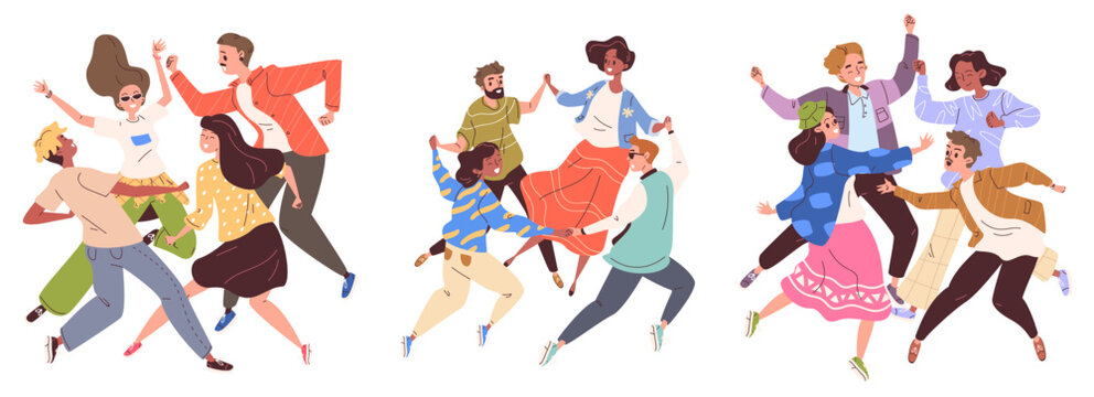 Dancing friends group. Happy young people dance party, friend dancing crowd person fun celebrate together man woman dancer disco music joy night event classy vector illustration