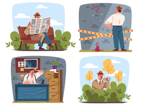 Detective investigation work. Inspector crime investigating, investigator spy search murder evidence suspect criminal surveillance cartoon scenes set classy vector illustration