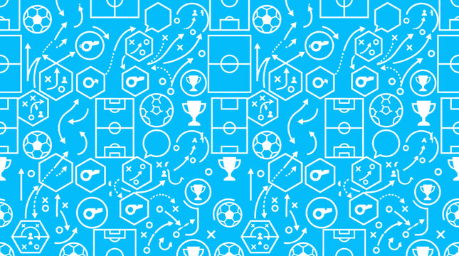Abstract seamless soccer pattern with football field tactics whistle and trophy icons line art illustration
