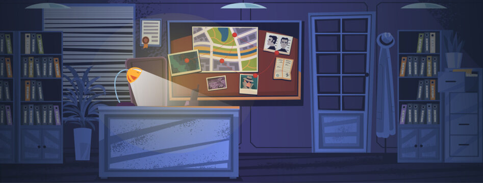 Detective night room. Investigator dark cabinet, work table inside police inspector department station secret agent private agency noir cartoon interior classy vector illustration