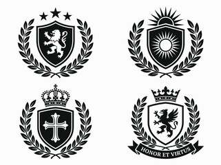 Fototapeta premium Set of Four Heraldic Crests and Shields with Lion, Griffin, Sun, and Cross Symbols, Featuring Laurel Wreaths, Crowns, and Stars for Premium Quality Brand Identity and Vector Logo Design.