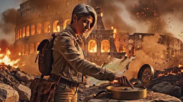 Woman explorer reads map near burning Colosseum ruins. Survivor checks compass in fire-swept ancient city. Brave woman navigates through smoke. Map guides way through dangerous fire disaster.