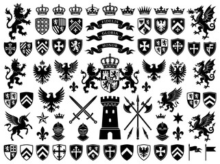 Comprehensive collection of black heraldic symbols and medieval crests featuring lions, eagles, dragons, shields, swords, and crowns on white background for vintage royal graphic designs. © Ayong