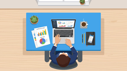 Top down view of an office worker analyzing financial data and quarterly performance charts on a laptop at a blue desk, featuring coffee, smartphone, and notebook in a flat illustration style. © Ayong