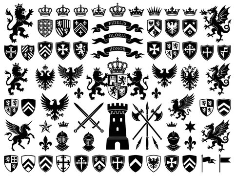 Comprehensive collection of black heraldic symbols and medieval crests featuring lions, eagles, dragons, shields, swords, and crowns on white background for vintage royal graphic designs.