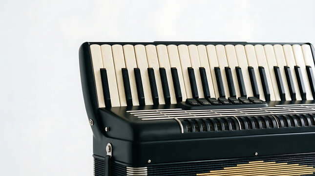 Detailed view of black and white accordion keys and buttons, isolated on a clean backdrop, showcasing musical instrumentation